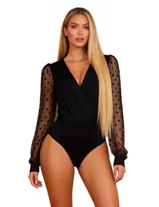 Women's Sheer Mesh V-Neck See Through Bodysuit Sexy Going Out Curves Body Suit Tops Vegas Outfits for Women Trendy Cute Bottle Girl Lace Shirts Leotards Black