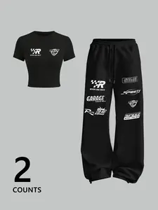 Women's Crop Top & Long Pants Set, Casual Fitted Knit Fashion Streetwear, Comfortable Daily Wear, Spring & Fall, Outfit