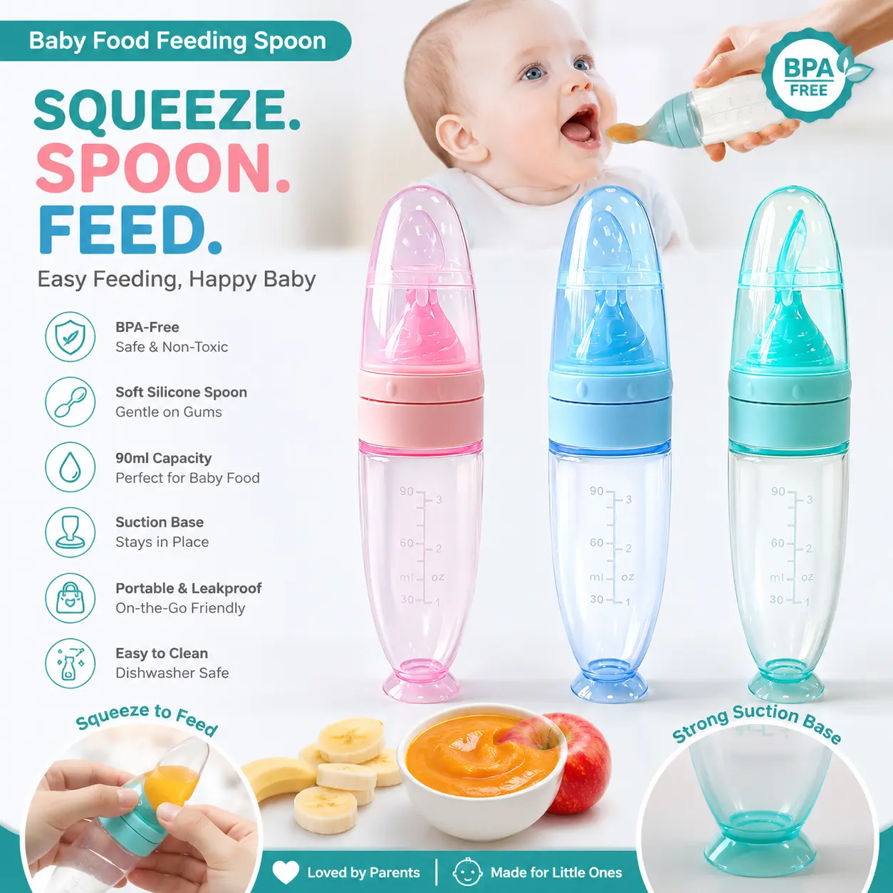 YRUIZEUP 3.04oz/ 90mL Silicone Baby Food Dispenser - On-the-Go, Spill-Free Baby Utensil with Spoon, Standing Sucker Base, Durable Tableware for Infants' Feeding Needs, On-The-Go Baby Utensils, Spill-Free Baby Utensils