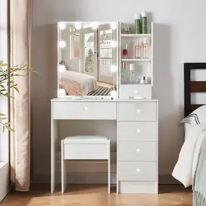 White Makeup Vanity Table Set with Sliding LED Lighted Mirror And Padded Stool with 6 Drawers US Stock