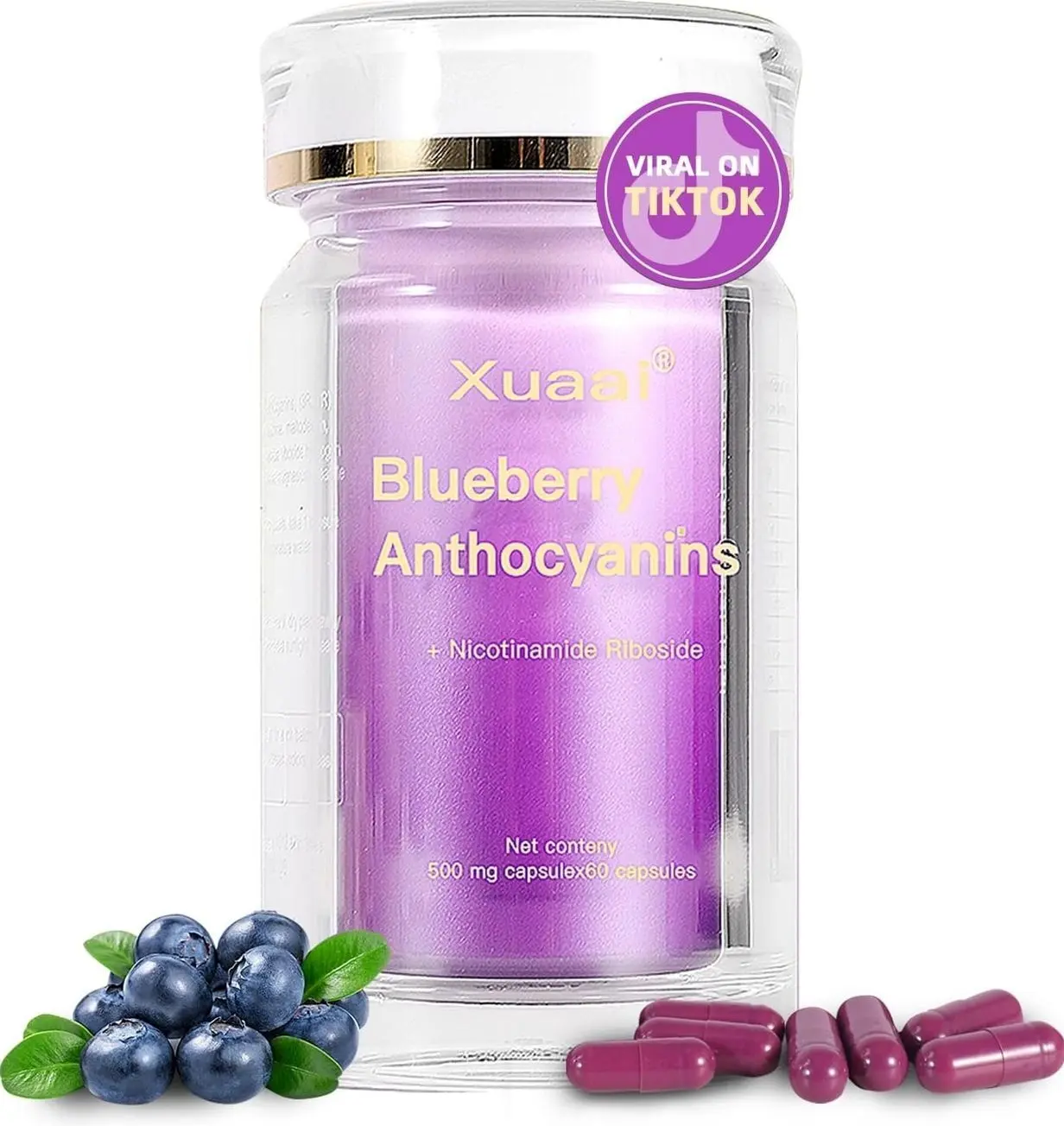 Blueberry Anthocyanins Capsules - Blueberry 10:1 Extract, Premium NAD+ Supplement with Anthocyanin & Lutein for Anti-Aging Support - Eye Vitamins Boosting Vision & Cellular Health, Vegetarian, 60 C
