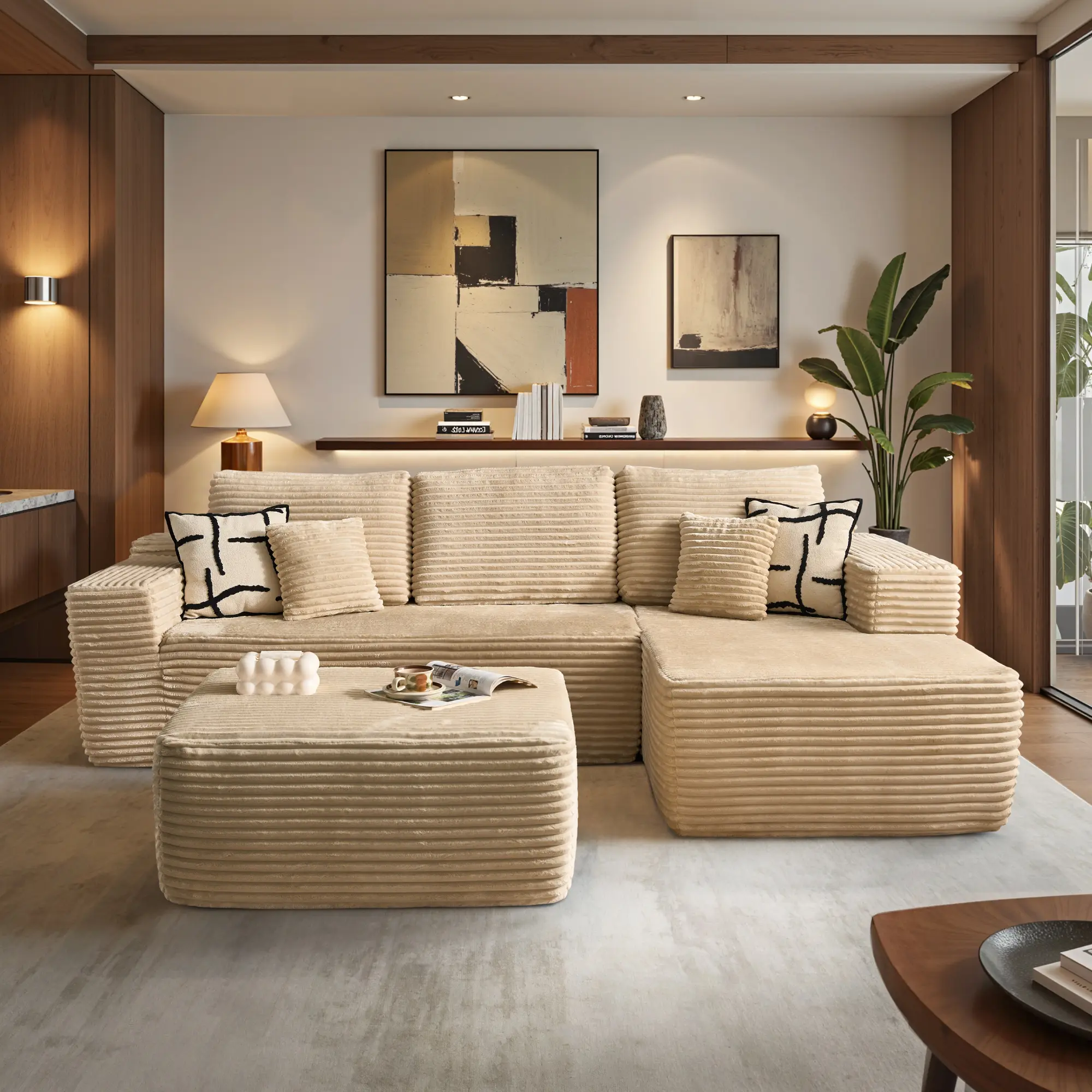 106" Beige U Shaped with Ottoman, Right Chaise