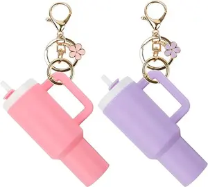 Mini Tumbler Keychain for Stanley Cup Accessories,Cute Mini Cup Flower Charm for School Bag Backpack Gir Women  ， Mini Tumbler Keychain ChapstickHolder， springtok Clip Pendants，Mother's Day gifts