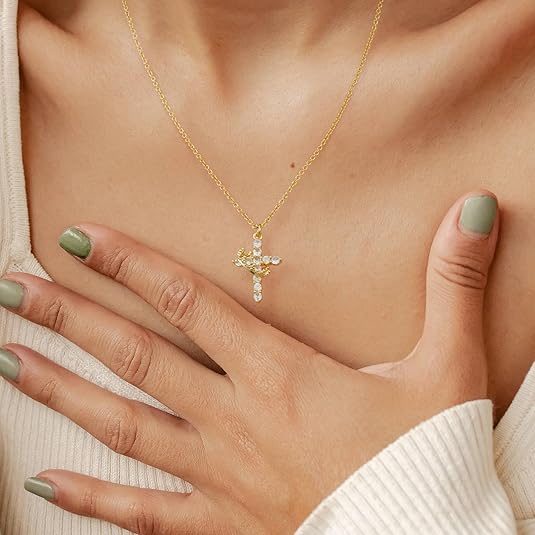 Upgraded 14K Gold Plated Crown Cross Necklace - Non-Tarnish Christian Jewelry for Women, Durable Faith Pendant, Meaningful Valentines Day Religious Gift for Her