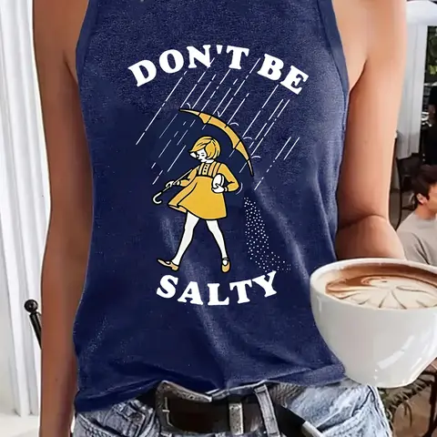 Umbrella Girl Print Casual Beach Tank Top, Summer Casual Boho Style Sleeveless Round Neck Vest, Women's Loose-Fitting Sleeveless Graphic Top, Fashionable Ladies' Clothing, Womenswear