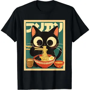 Anime Cat Ramen Japanese Funny Japanese Kawaii Cat Graphic T-Shirt short sleeve shirt Casual Short-Sleeve Men's T-Shirts men's graphic tees shirts men fashion round neck gifts for him