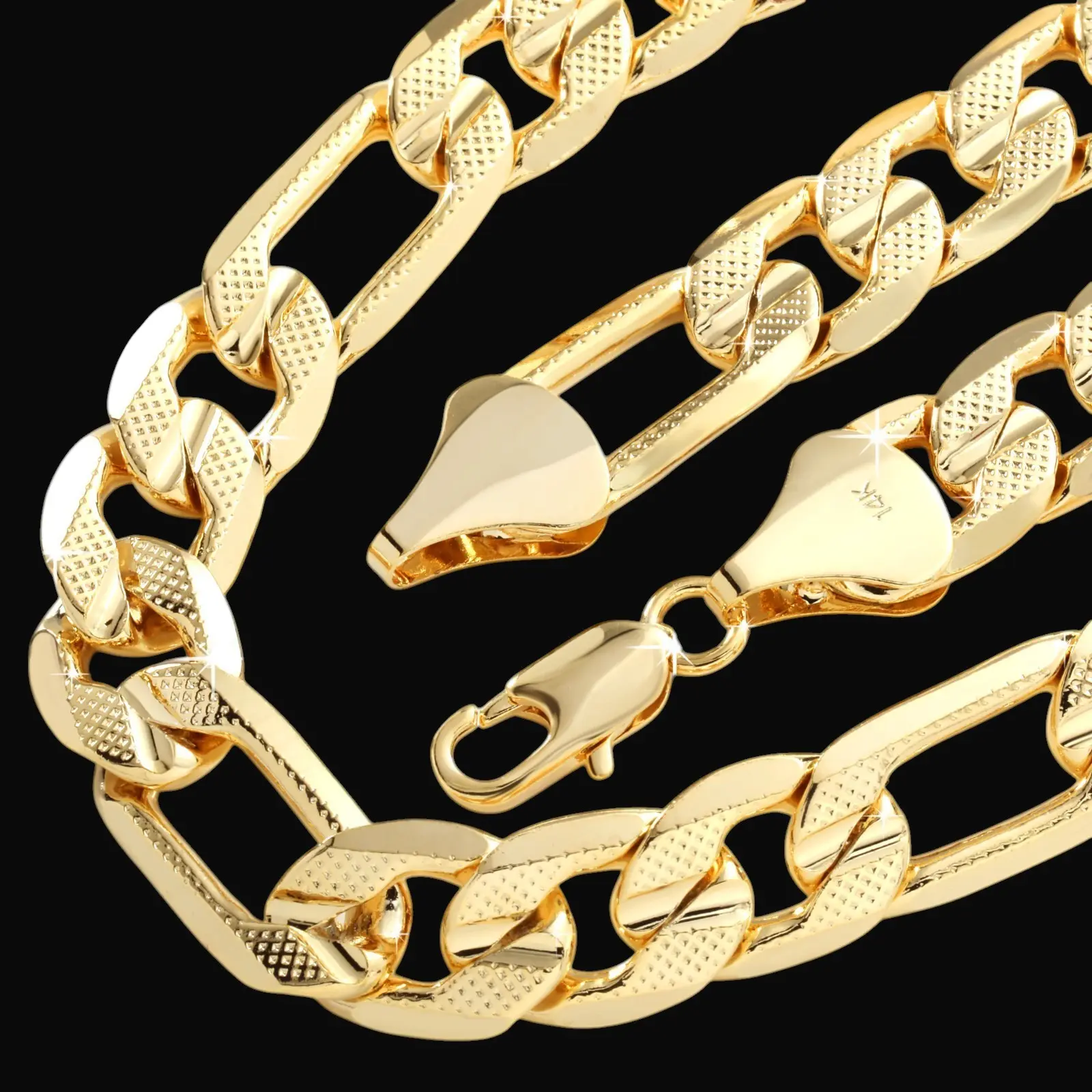 MaxBling81 High-End 14K Stamped Gold Brass Figaro Thick Chain Necklace, 12mm 20" 24" 30" 36" Premium Quality Fashion Costume Jewelry Accessory for Men