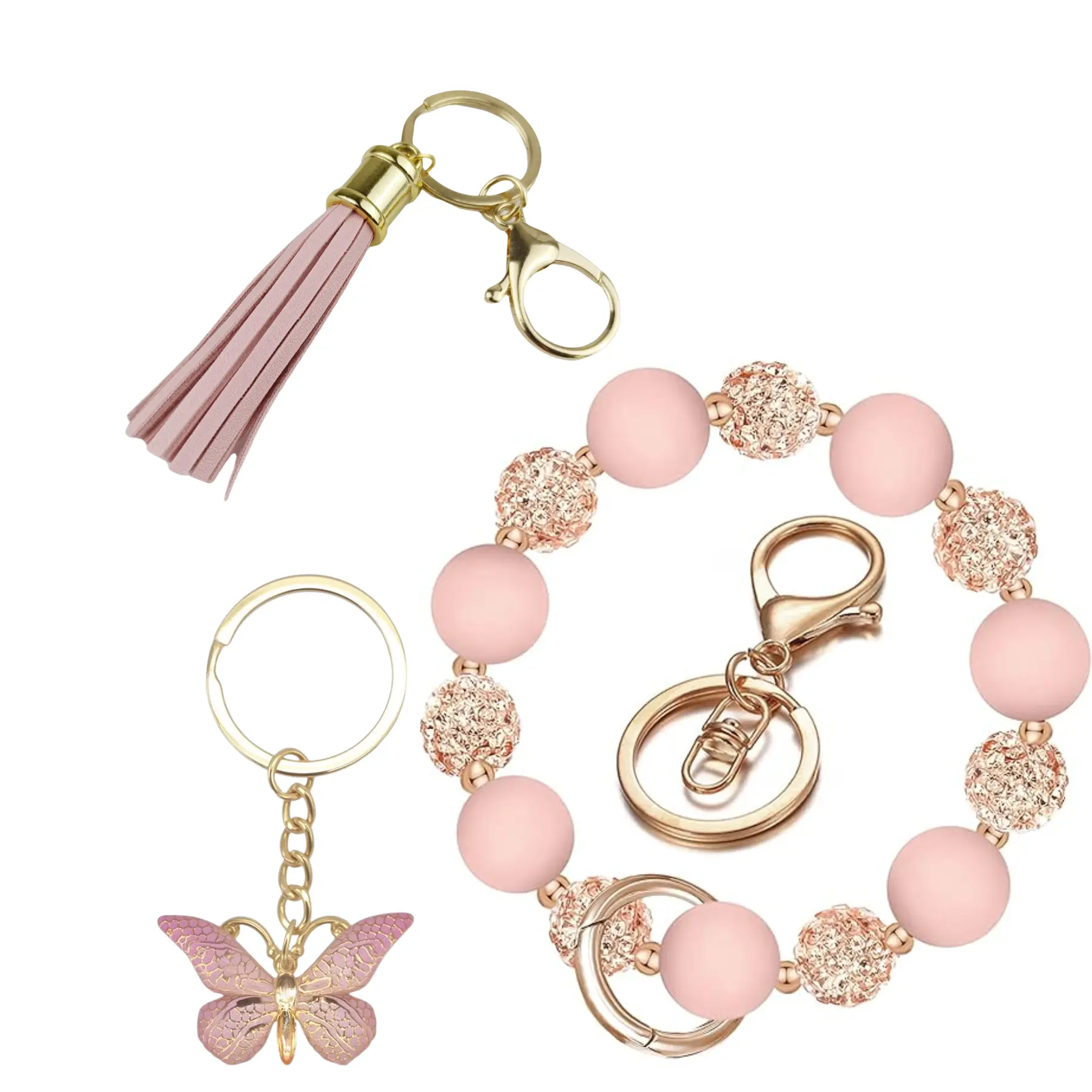 Wristlet Keychain, Silicone Beaded Wrist keychain with Key Ring for Women, Elastic Keychain Bracelet