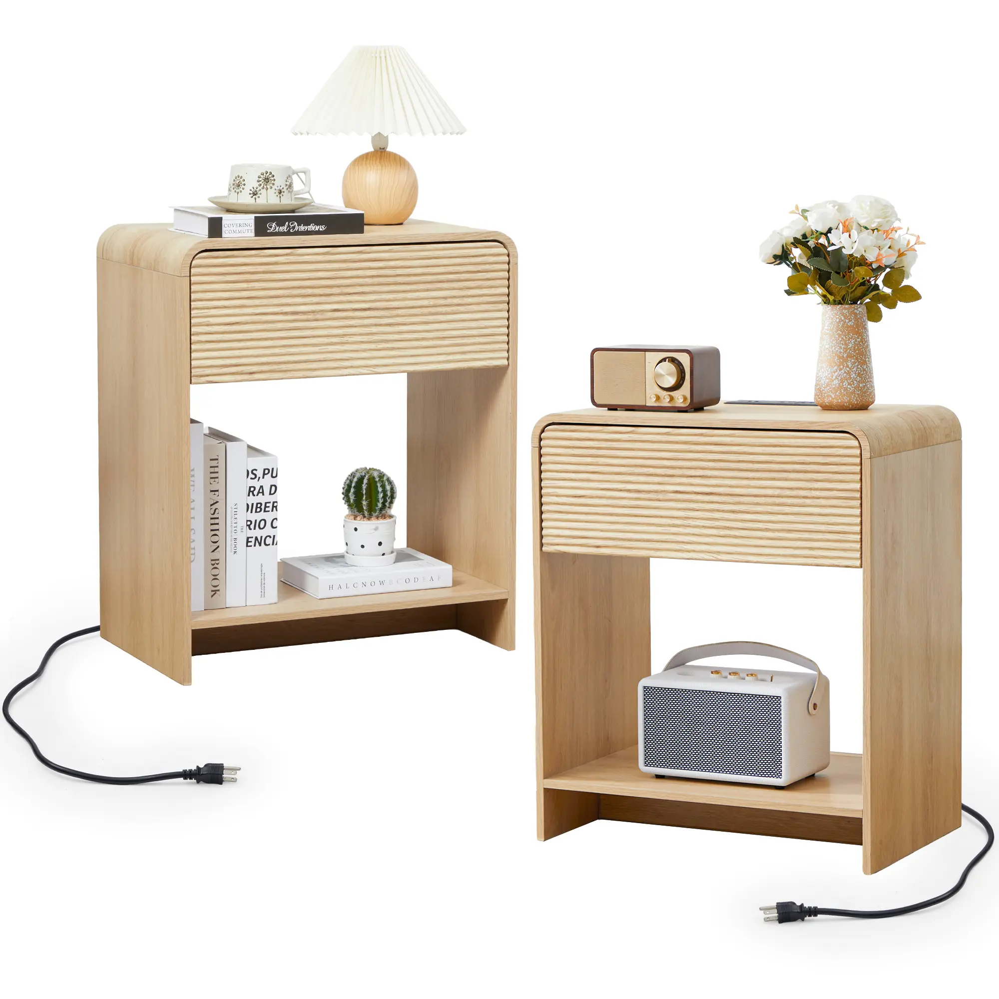 Giratree 24.8" Fluted Nightstand Set of 2 with Charging Station, Modern Bed Side Table End Table with Drawer Storage, Large Wooden Night Stands Bedside for Bedroom Living Room Sofa Office