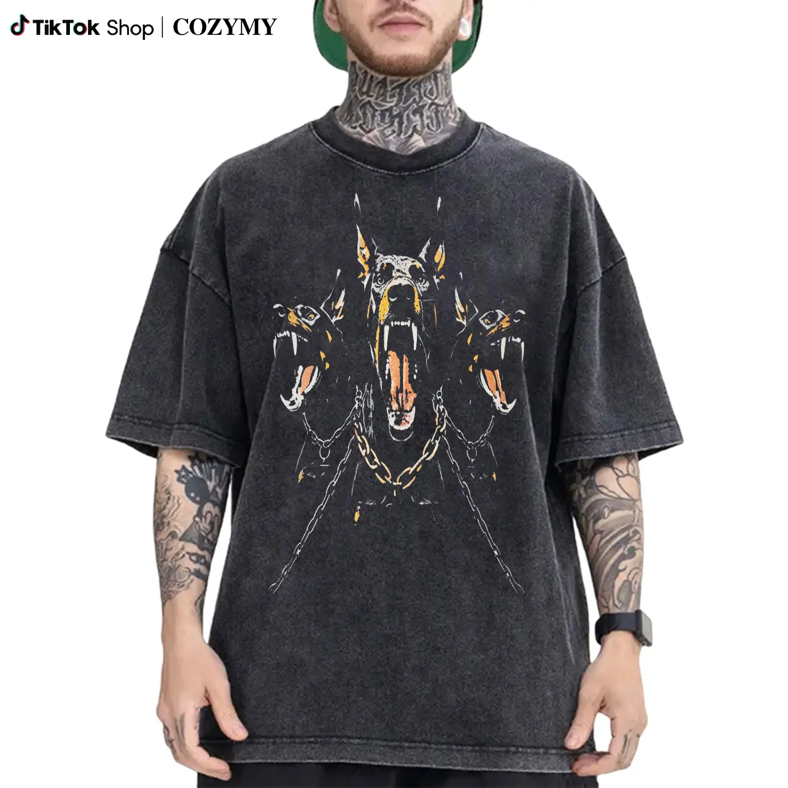 Men's 230g Vintage Washed Cotton Short-Sleeve T-Shirt - 2024 Streetwear Top with Doberman Labrador Pattern, Relaxed Fit Men's Apparel