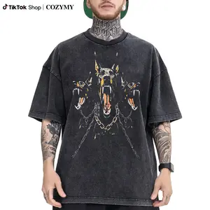 Men's vintage washed cotton T-shirt 230 grams, 2024 vintage washed black T-shirt, street style pattern Doberman Labrador T-shirt, cotton fashion