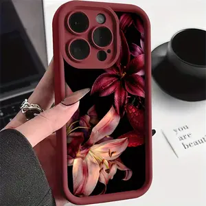 Phone Case - Dark Aesthetic Premium Wine Red Lily Pattern Phone Case with Water Droplets for Iphone16/16Pro/16Promax/16Plus/15/15Plus/15Pro/15Promax/14/14Plus/14Pro/14Promax/13/13Pro/13Promax/12/12Pro/12Promax/11/11Pro/11Promax/7/8Plus/Xr/Xs/Xsmax H