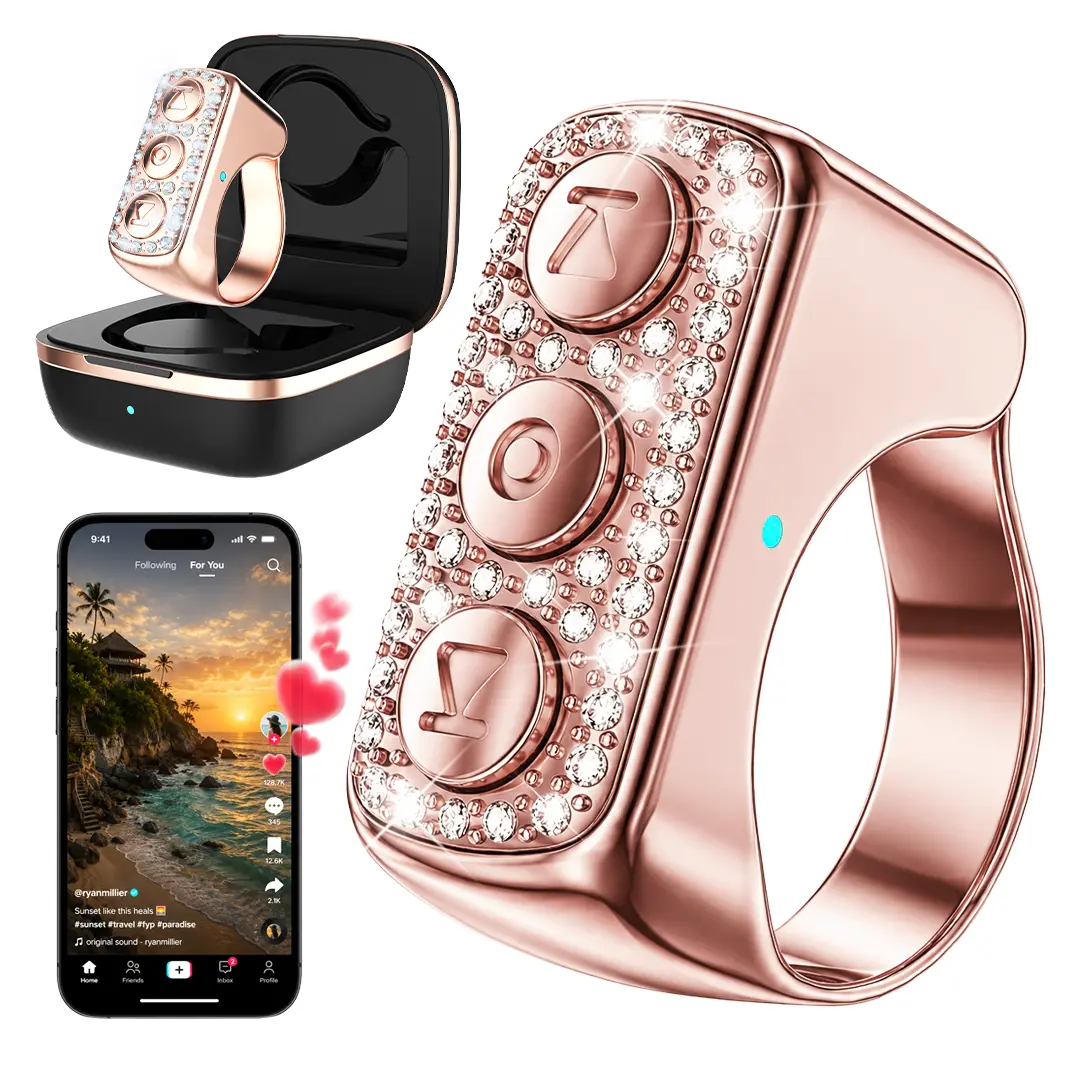 Rhinestone Smart Ring Remote Control - Xring Wireless Scrolling Device, Fits Finger, Foldscreen Ready, Non-Kindle Ebook/APP Page Turner, Bluetooth Camera Accessory for iPhone, iPad, Android, TikTok Selfies