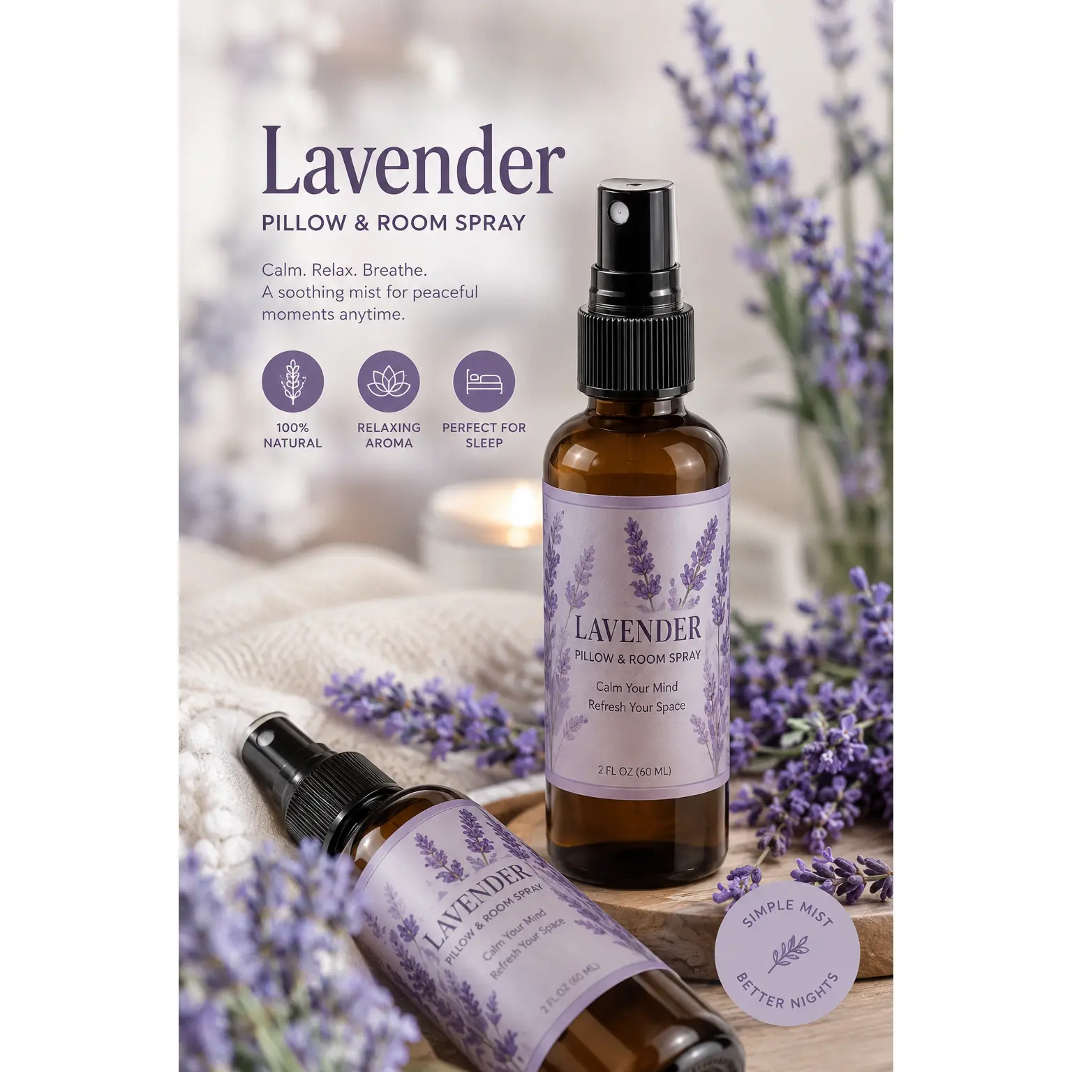 Natural Lavender Essential Oil Mist - Pillow Spray, Room Spray for Soothing Bath & Body Care, Calm Relaxation Support