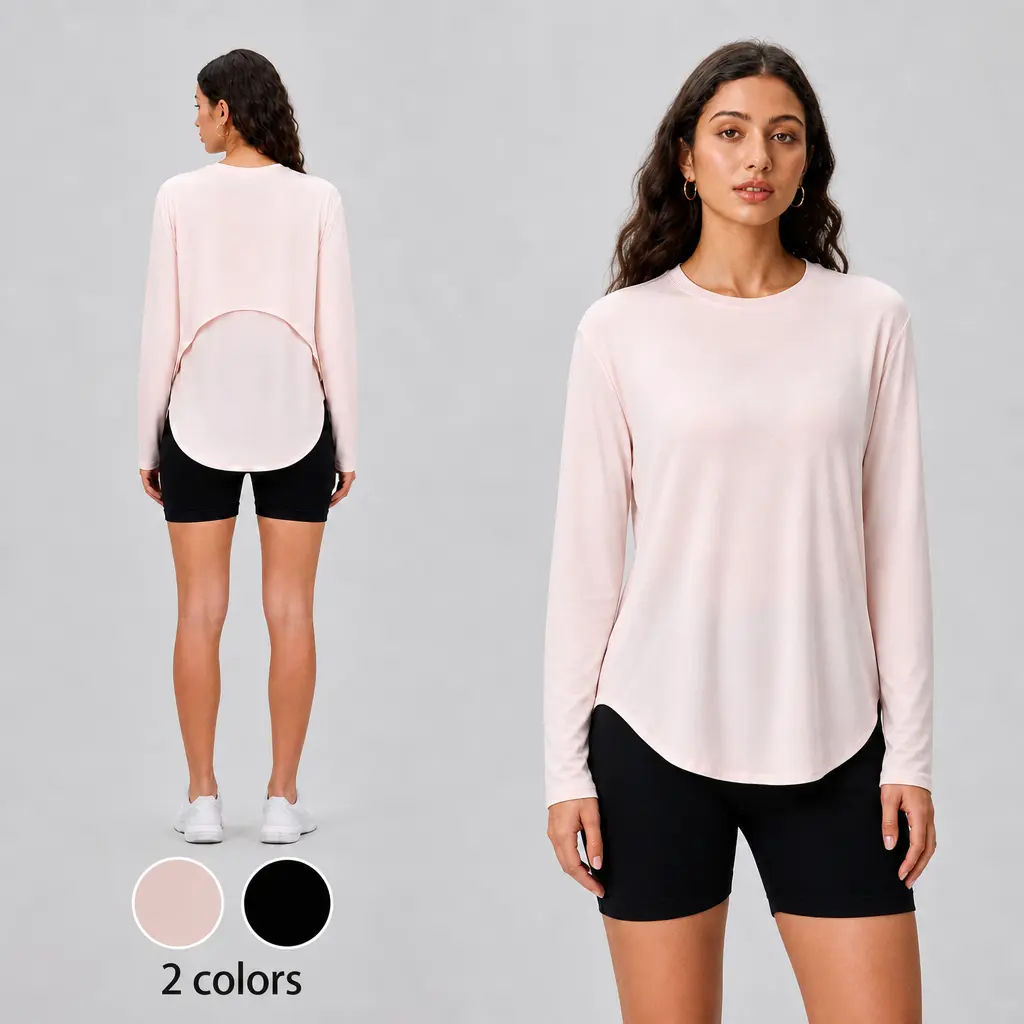 Women’s Long Sleeve Workout Top, Crew Neck Breathable Athletic Shirt with Curved Hem for Yoga, Gym, Running, Training and Everyday Wear