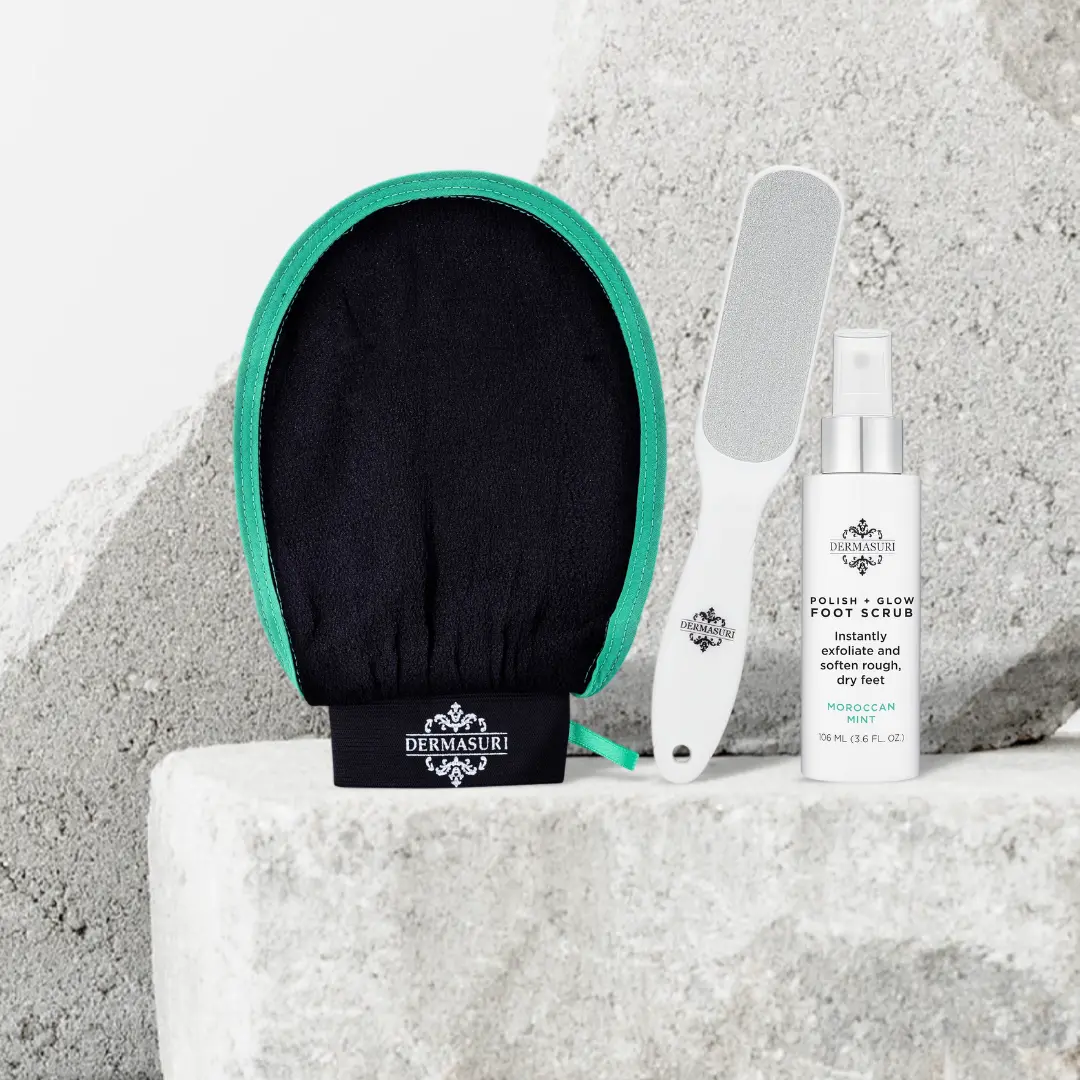 Dermasuri Moroccan Mint Foot Scrub Set & Body Scrub Glove Bundle for Exfoliating and Softening Rough Feet & Body, Smooth, Body Care