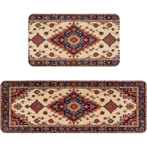 Boho Kitchen Mats for Floor Set of 2, Red Orange Blue Floral Carpet  Kitchen Rugs,Non Slip Washable Absorbent Kitchen Runner Rugs Antique Artistic Decor,17x30 and 17x47 Inch