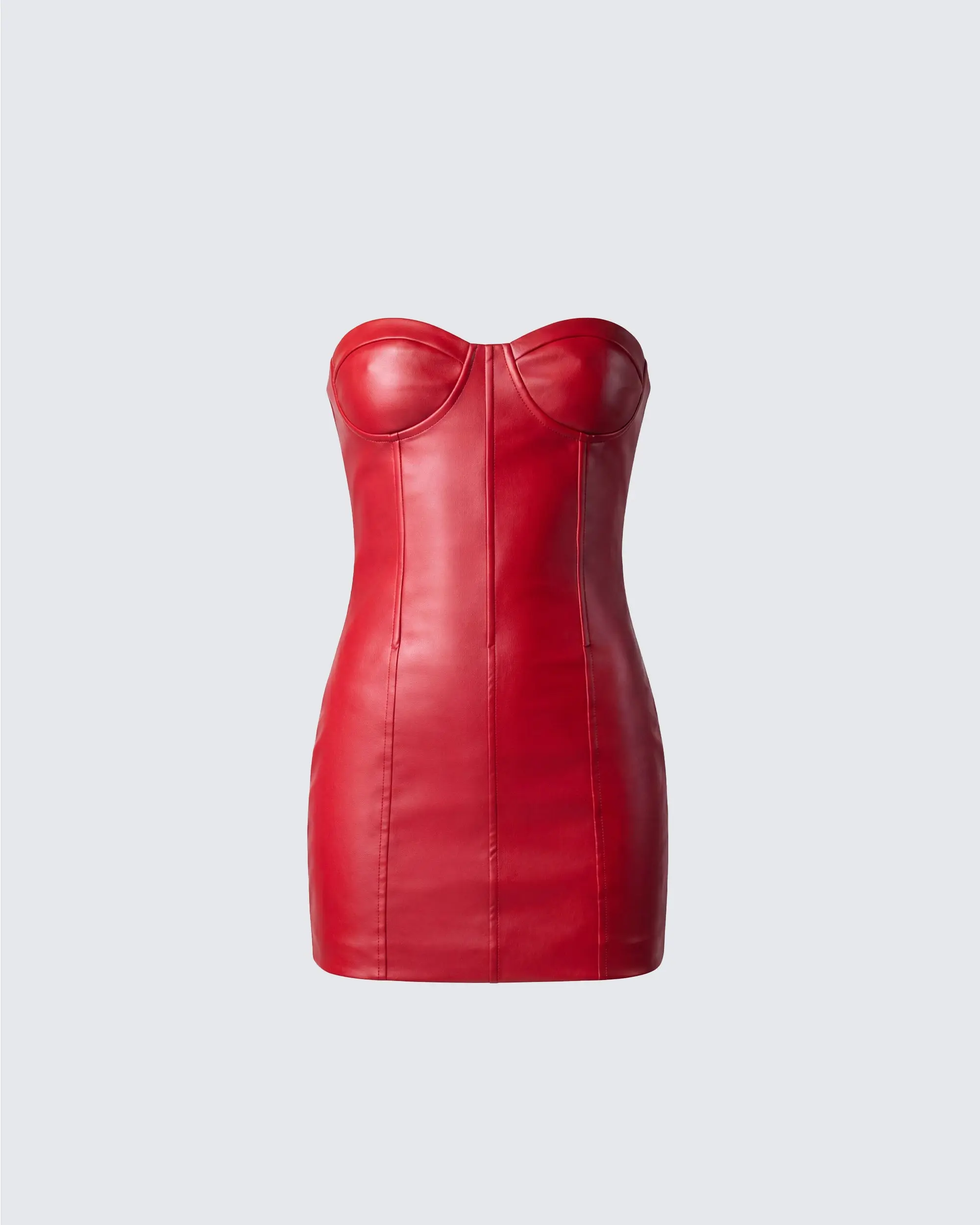 Solid Red Bodycon Mini Dress in Glossy Polyurethane with a Strapless Sweetheart Neckline, Molded Cups & Corset-Style Topstitching, Sleeveless, Topstitched