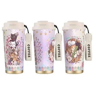 1pc Cute Kitty Haven 18oz Coffee Cup - Adorable Cartoon Cats, Portable Dual-Drink Thermos for Students, Home & Office Delight