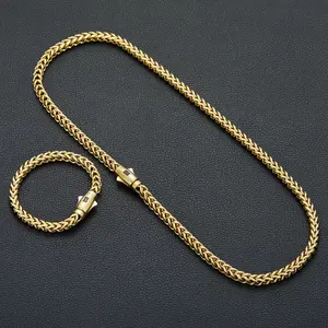 [2pcs Set]18K Vacuum-gold Plated Hip Hop Jewelry Stainless Steel Miami Cuban Link Chain Necklace and Bracelet Fashion Accessory Men Women unisex Monaco italy Mexico & Micro Promise chains for Husband Boyfriend Valentines Birthday Gift