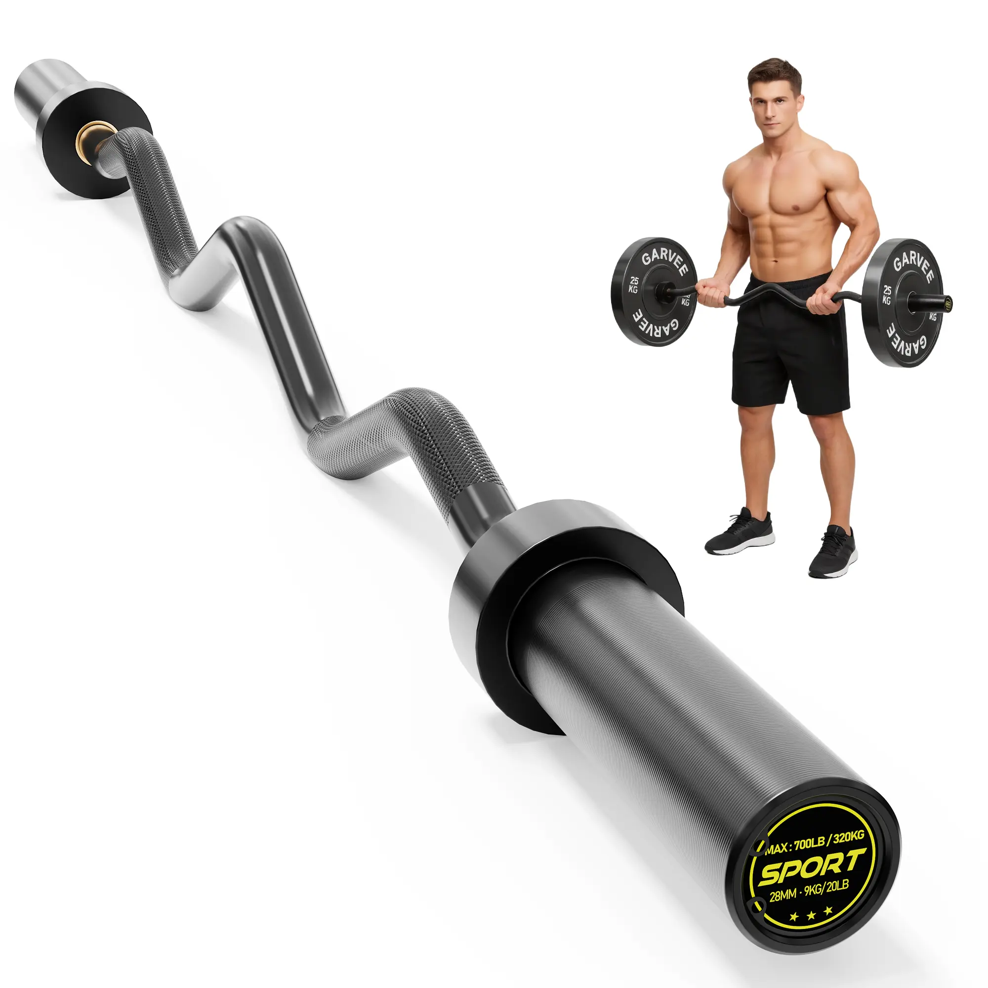 47-Inch Olympic Ergonomic EZ Curl Bar, 20 lbs Compact Space-Efficient Solid Steel Curved Barbell with 2-Inch Sleeves, Non-Slip Diamond Knurling 700lb Wrist-Safe Biceps Training Bar for Home Gym