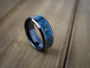 The Nebula, Black Ceramic Glow Wedding Ring, Authentic Meteorite Band, Blue Opal Glow Ring, Anniversary Gift, Men's Black Wedding Ring, Handmade 8mm