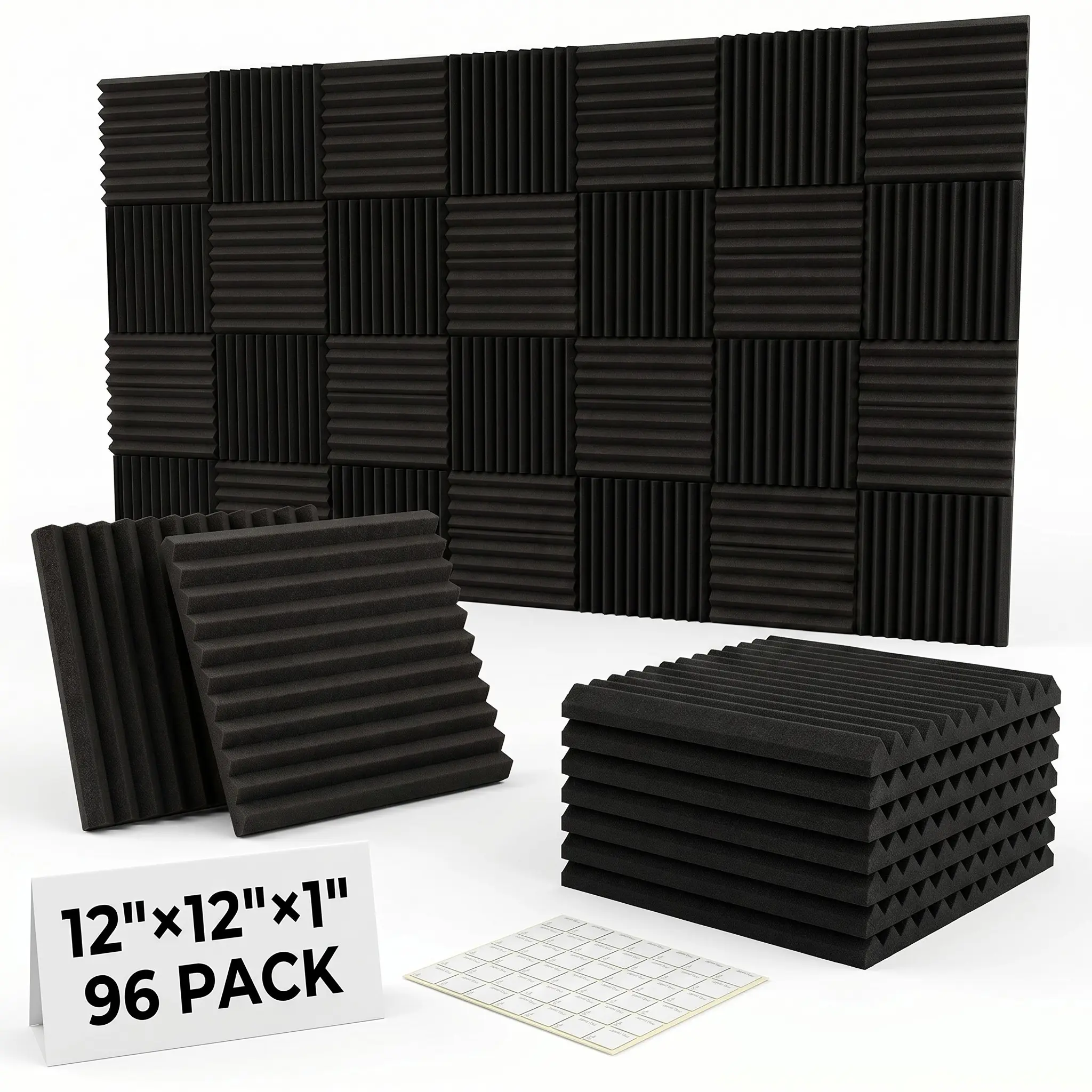 96 Soundproof Foam Panels, Wall Mountable, Wall Cover, Interior Walls, 1x12x12 Inch High Density Acoustic Tiles, Noise Reduction Studio Wedges