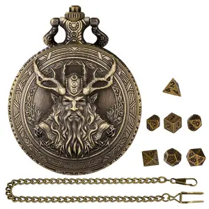 Vintage Druid Pattern Pocket Watch Case with Pendant FOB Chain, Includes 7pcs Mini Metal Polyhedral Dice, Tabletop Rpg Accessories ,Indoor Entertainment Gaming Dice