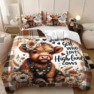 3-piece dirty highland cow printed bedspread set, including 1 bedspread + 1/2 pillowcase (without filling), high-definition four-season prints, suitable for home and dormitory, cozy bedding, bedroom set, easy to clean, Decorative Bedding Set