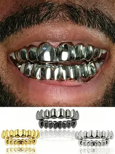 2pcs Full Mouth Mirror Finish Rose Black Silver Golden 8 Teeth Grillz – 18K Golden Plated Copper, High Shine Hip-Hop Teeth Jewelry for Black Women, Girls & Men. Perfect for Parties, Music Festivals, Couple Gifts & K-Pop Style Accessory