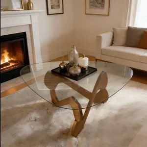 Sumimervibes,Table Basse en Verre et Bois Triangle Salon Moderne Transparente Vintage Table en Verre Trempé