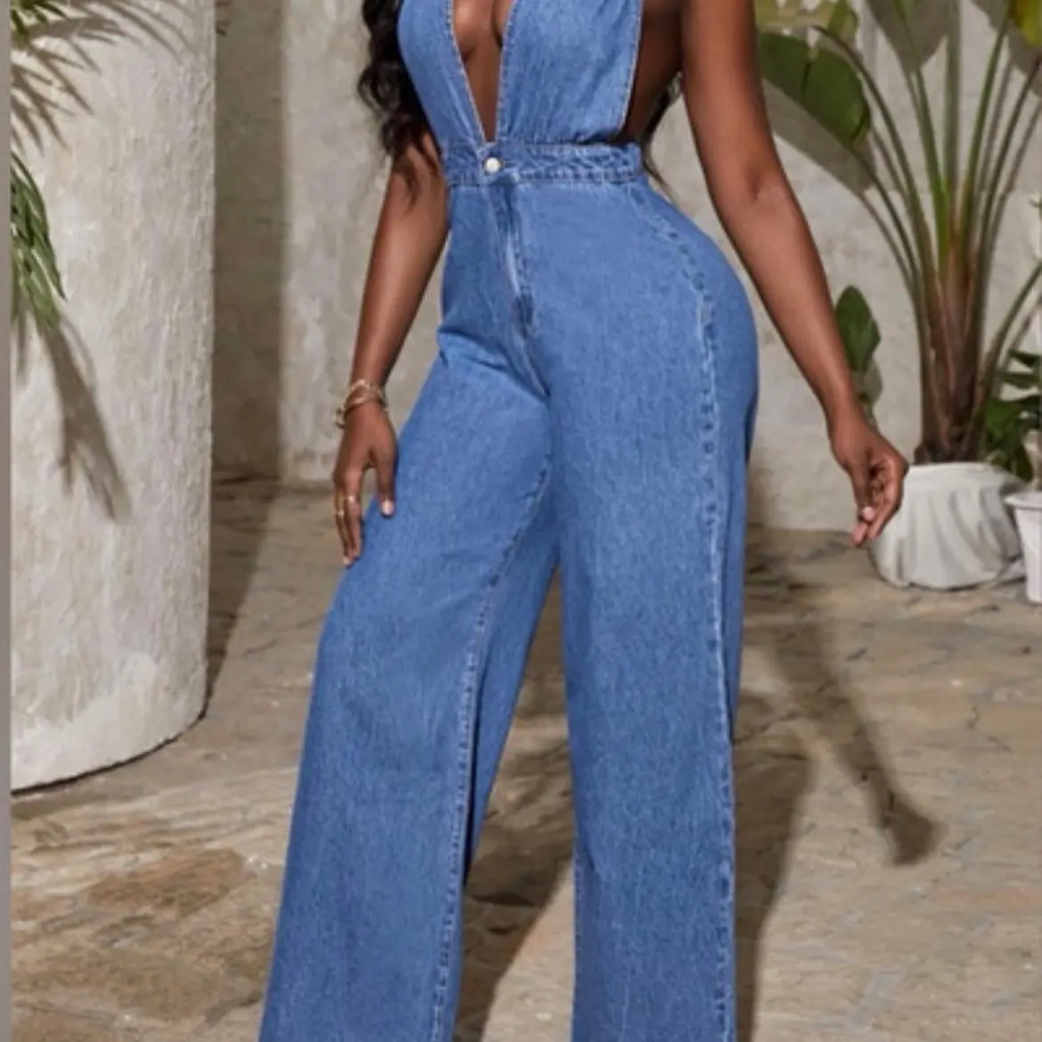 SHEIN SXY Tie Backless Plunging Neck Denim Wide Leg Jumpsuit