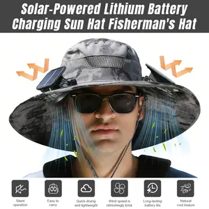 Rechargeable Solar Fan Hat, Outdoor Fishing Sun Hat with Built-in Cooling Fan and Wide Brim UPF50+