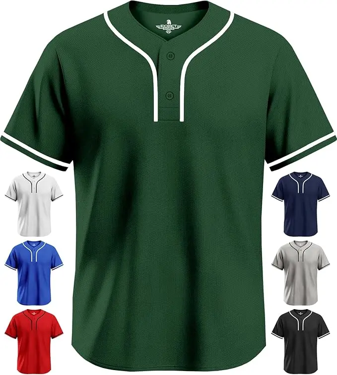 Exxact Sports Blank Baseball Jersey Men, 2-Button Plain Baseball Jersey, Sports Uniforms Women Softball Jersey Men - (Dark Green, A)