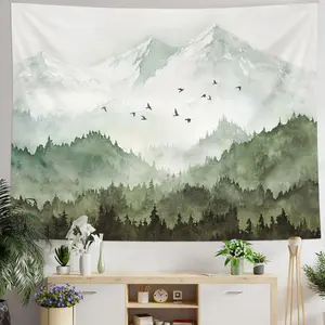 kampdream Mountain Forest Tapestry, Misty Foggy Sage Green Tree Landscape Watercolor Art Wall Tapestries, Nature Scenery Tapestry for Bedroom Living Room Backdrop 36×48 inch Decor