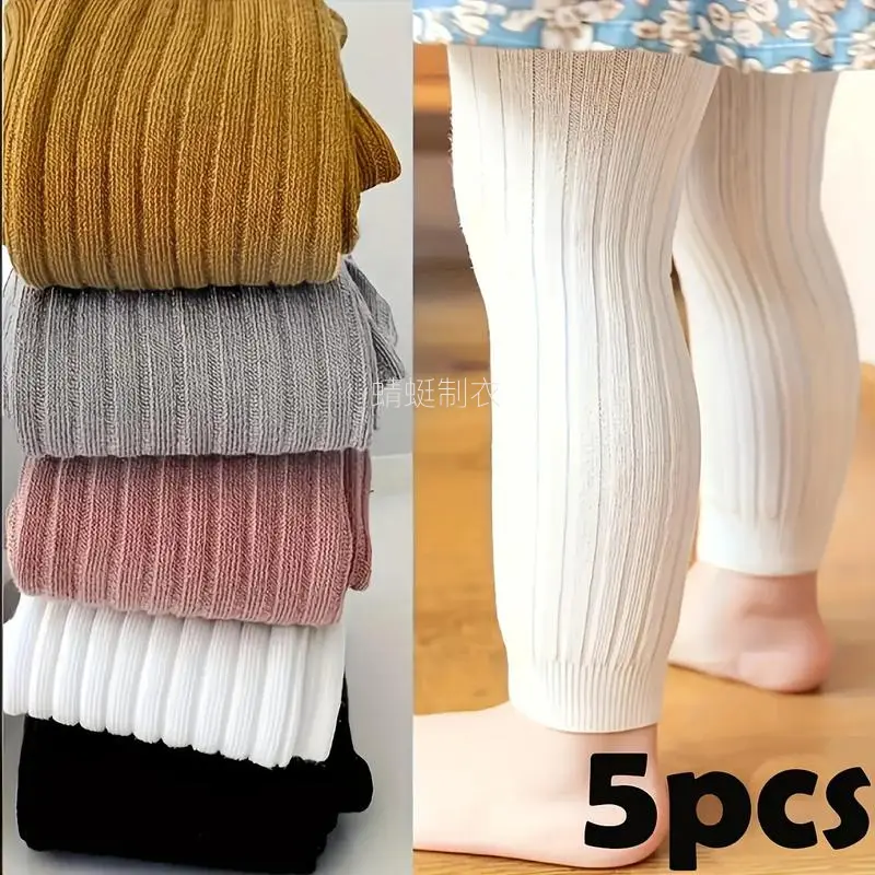 Girls' Ribbed Leggings 5-Pack, Soft Polyester Blend, Stretchy Comfort Fit Pants for All Seasons in Vibrant Colors, 5Pcs
