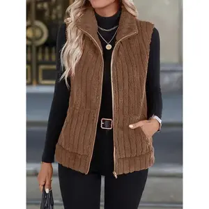 Casual Solid Color Women's Zipper Vest with Pockets Plush Double-Sided Lapel Collar Fall/Winter Season Stylish Practical Womenswear Tops