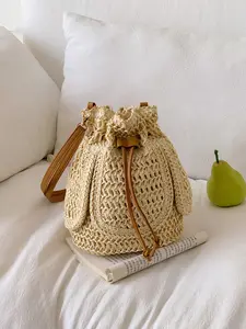 Woven Drawstring Bucket Bag, Beach Bag, Casual Shoulder Bag, Crossbody Bag, Straw Basket Bag, Ideal for Vacation, Shopping, Daily Use