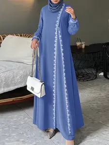 Spring Lace Crochet Long Dress Muslim Turkish Robe, Elegant Loose Fit Women's Long Sleeve Round Neck Islamic Robe, Maxi, Modest Muslim Outfits