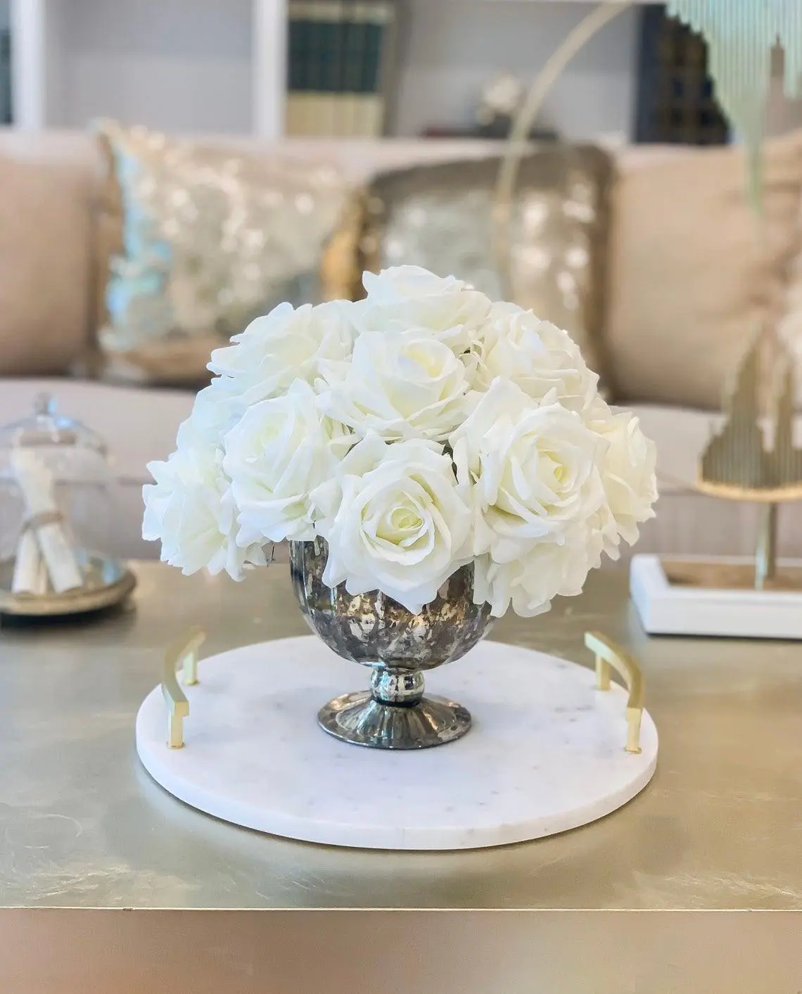 Large Real Touch White Roses Metal Vase Arrangement