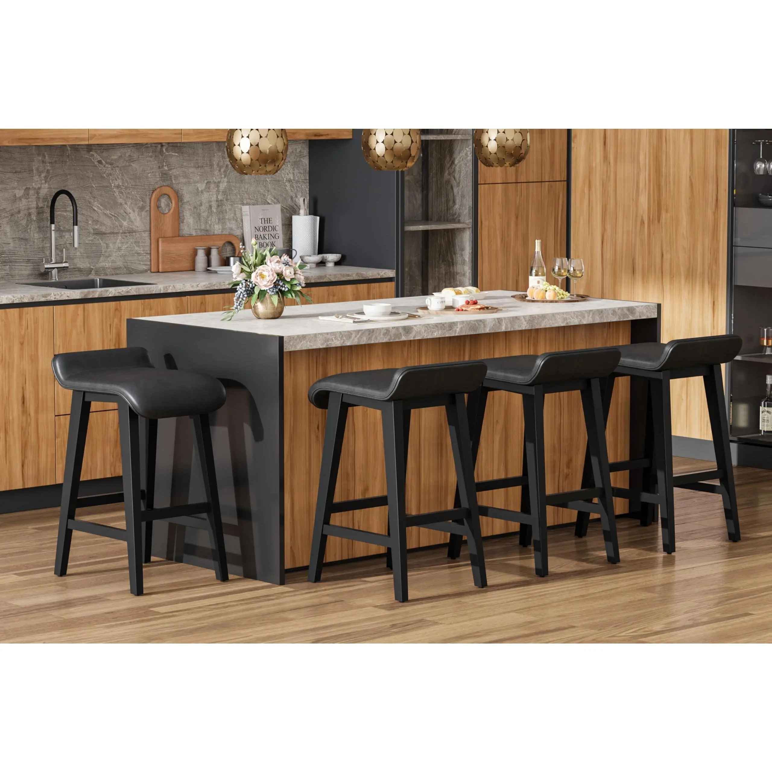 Gaomon 26.2" Industrial Backless Solid Wood Counter Height Stools (Set of 4) - Wide PU Leather Upholstered Seat, Backless Chair for Kitchen Islands, Counter Bars, Black, Set Of Four