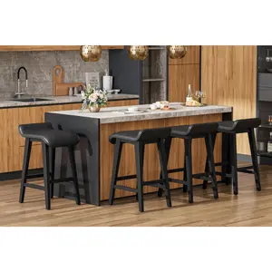 Gaomon 26.2" Industrial Backless Solid Wood Counter Height Stools (Set of 4) - Wide PU Leather Upholstered Seat, Backless Chair for Kitchen Islands, Counter Bars, Black, Set Of Four