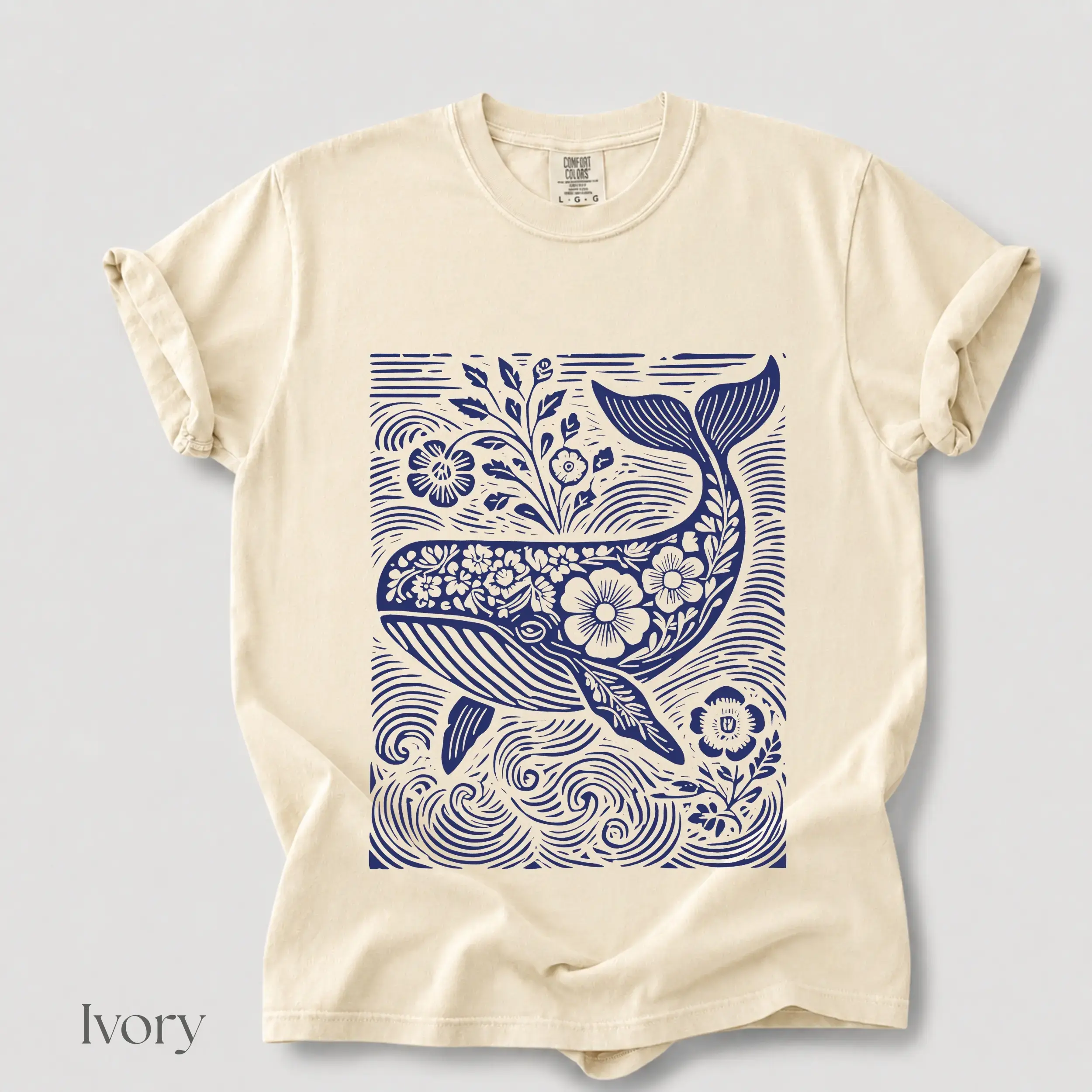 Comfort Colors Floral Whale Linocut TShirt, Folk Art Ocean Graphic Tee, Boho Beach Camping Hiking Nature Top Woodland Whale Summer Gift Cotton Fabric - Jeneisa Chicken