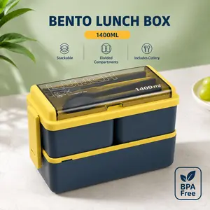 MIUVA Blue Adult Bento Box, 1400ml 2-Layer Stackable Lunch Box with 3 Compartments, Spoon & Fork, Microwave, Dishwasher & Freezer Safe for Work, School & Picnic lunchable food storage container