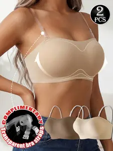 2-Pack Seamless Strapless Lady Lingerie, Comfortable Non-Slip No Underwire Bra, Elegant Back Design, Summer New Style, Medium Support, Fit, Transparent Straps Included, Seamless Everyday Bra