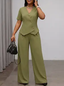 Women's Casual Suit Set, Asymmetrical Top, High Waist Loose-Fit Pants, Short Sleeve, Plain Pattern, Basic, Ideal for Daily Wear