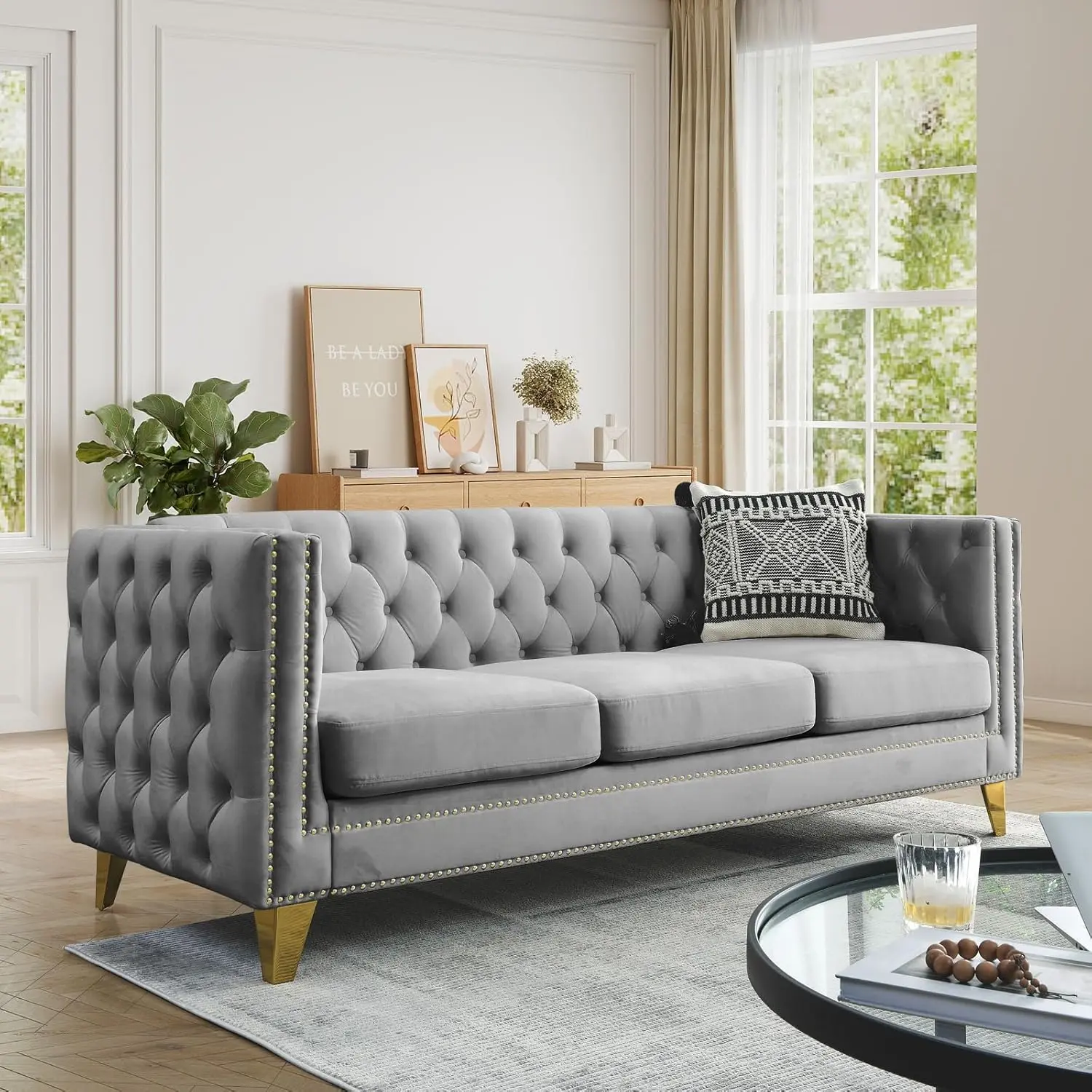 Chesterfield Sofa Couch Velvet 3 Seater Modern Couch with Button Tufted & Nailhead Trim, Upholstered Deep Seat Couch, Oversized Comfy Sofa for Living Room, Bedroom, Apartment, Office(80.5" W, Grey)
