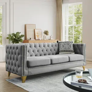 Chesterfield Sofa Couch Velvet 3 Seater Modern Couch with Button Tufted & Nailhead Trim, Upholstered Deep Seat Couch, Oversized Comfy Sofa for Living Room, Bedroom, Apartment, Office(80.5" W, Grey)