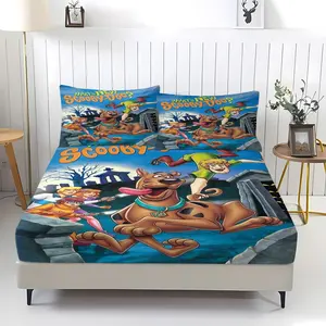 3-Piece Scooby-Doo Pattern Fitted Sheet Set, Bed Sheets Set, Soft And Durable Bedding Set Includes 1 Piece Flat Sheet And 2 Pieces Pillowcases, Daily Holiday Birthday Gift Bedroom Decorations For Kids And Adults