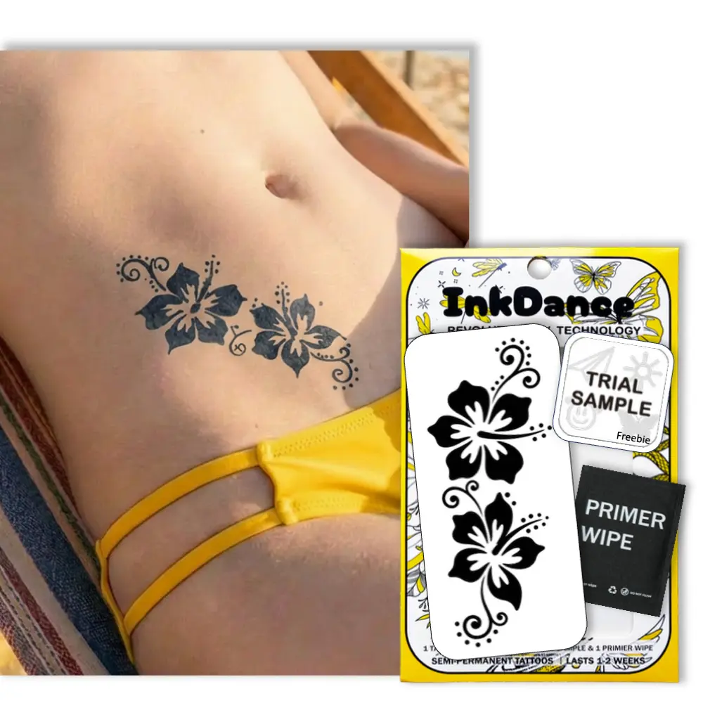 InkDance Semi-Permanent Tribal Hibiscus Vine Tattoo Art, Temporary Tattoo Style, Waterproof Plant-Based Ink, 1-2 Weeks Long-Lasting, 24-Hour Color Development, Suitable for All Skin Types (D300), Body Art, Tropical
